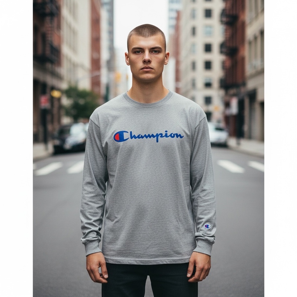 Champion Athleticwear Long Sleeve T-Shirt Mens S Gray Cotton Blend Crew Neck NEW